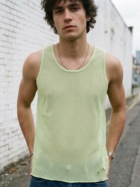 Vintage Neon Green Mesh Tank Top XL USA Made Islander Y2K Rave Festival Clubwear